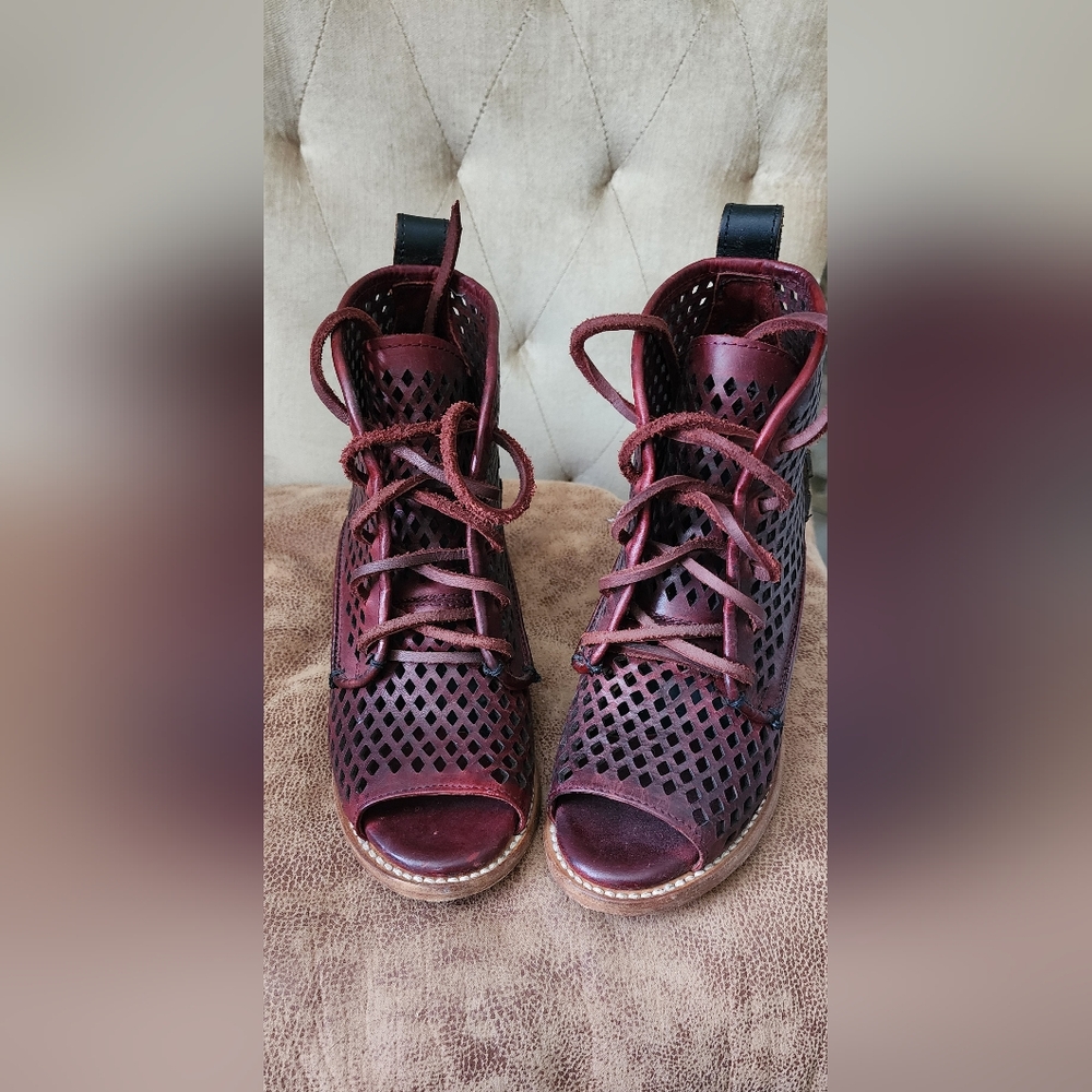 freebird Burgundy Perforated Lace-Up Peep-Toe Boots